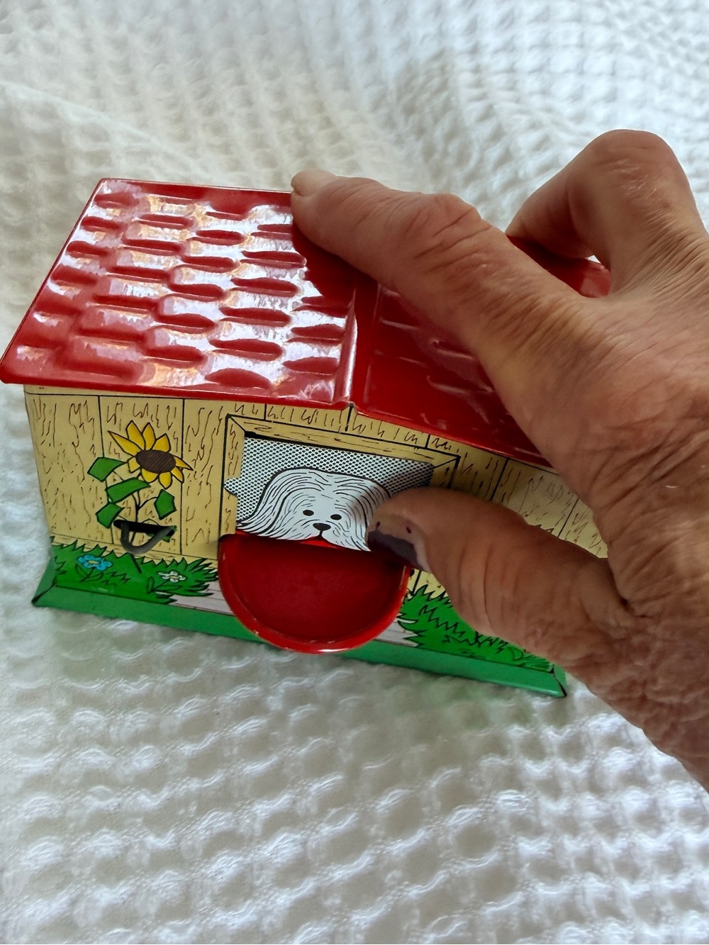 Vintage metal bank  Red Roof Tin Doghouse Coin Bank
